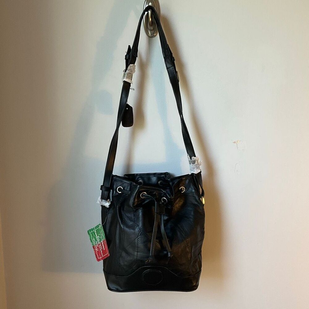 Maxam Lambskin Patchwork Mosaic Drawstring Bag, Black NWT Vintage - Picture 7 of 16